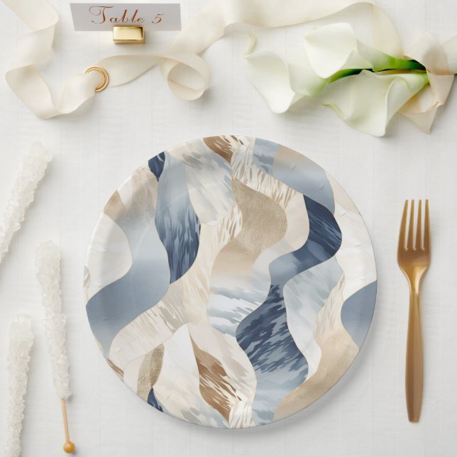 Plato De Papel Resumen de arena azul crema marina (Boda)