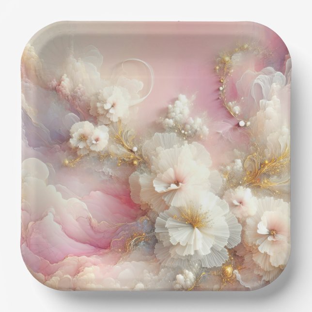 Plato De Papel Resumen de Bridal Tulle Floral (Anverso)