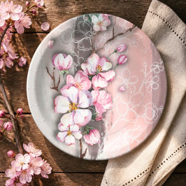 Plato De Papel Resumen de flores de cerezo Placas de papel redond