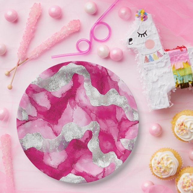 Plato De Papel Resumen de Glam Plata Rosa Cumpleaños (Fiesta)
