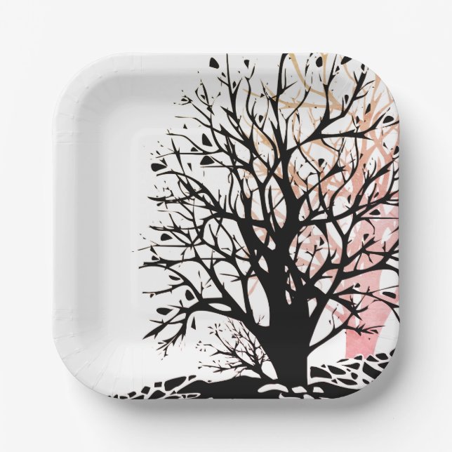 Plato De Papel Resumen de la moderna sombra de un árbol negro (Anverso)