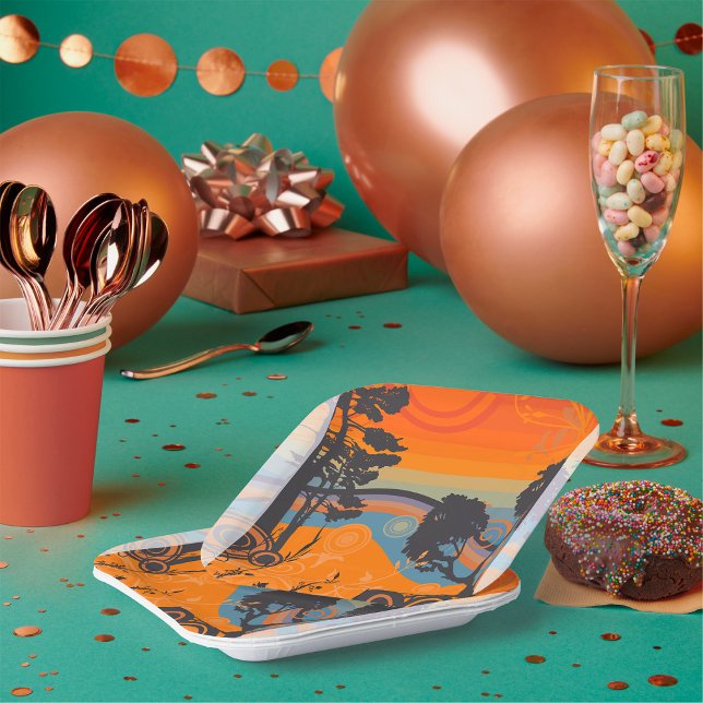 Plato De Papel Resumen del paisaje forestal del atardecer retro (Subido por el creador)