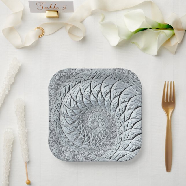 Plato De Papel Resumen Espiral gris claro Fractal (Boda)