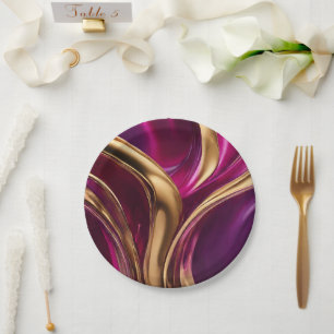 Plato De Papel Resumen Flujo Art-Fuchsia Purple y Gold-