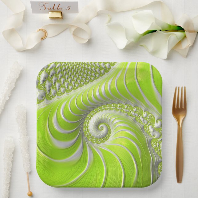Plato De Papel Resumen fractal de espiral verde limón moderno (Boda)
