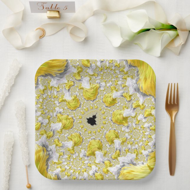 Plato De Papel Resumen fractal de oro (Boda)