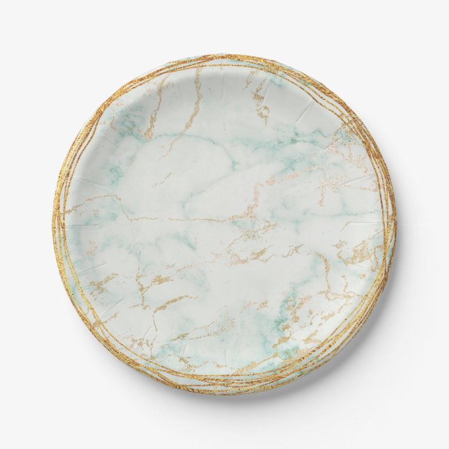 Plato De Papel Resumen Mint Green Marble Glam Golden Vip (Anverso)