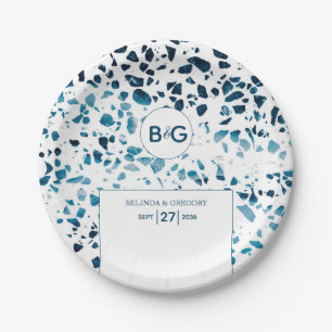 Plato De Papel Resumen moderno Terrazzo Mosaic Boda azul