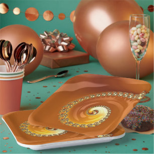 Plato De Papel Resumen Naranja dorado gradiente espiral fractal