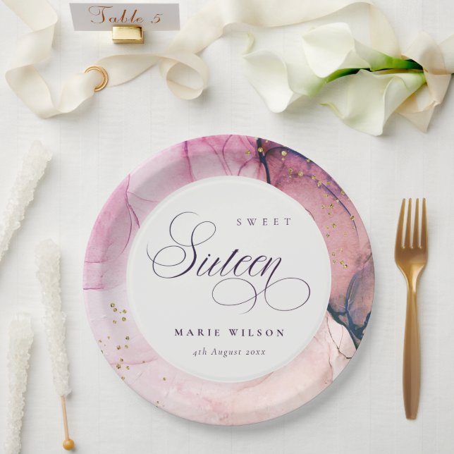 Plato De Papel Resumen Pastel de la Marina Púrpura Rosa Dulce 16  (Boda)