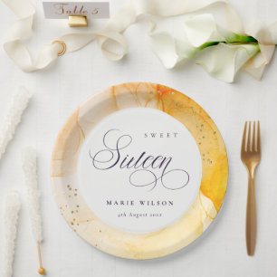 Plato De Papel Resumen Pastel Naranja amarillo Dulce 16 Cumpleaño