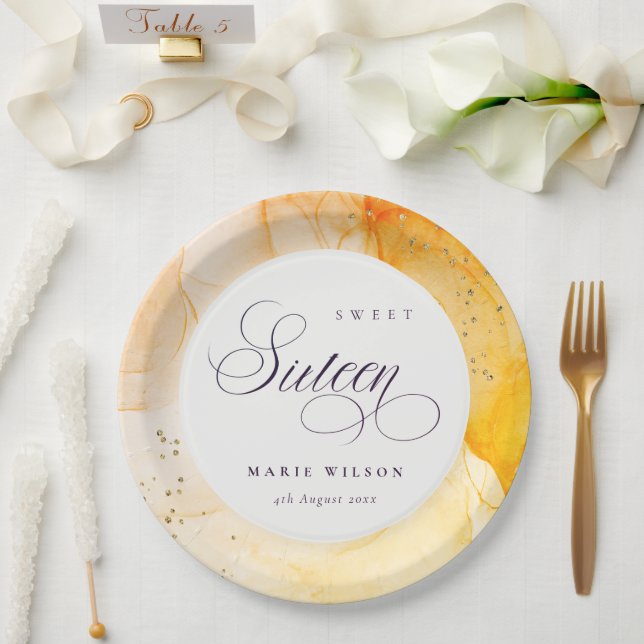 Plato De Papel Resumen Pastel Naranja amarillo Dulce 16 Cumpleaño (Boda)
