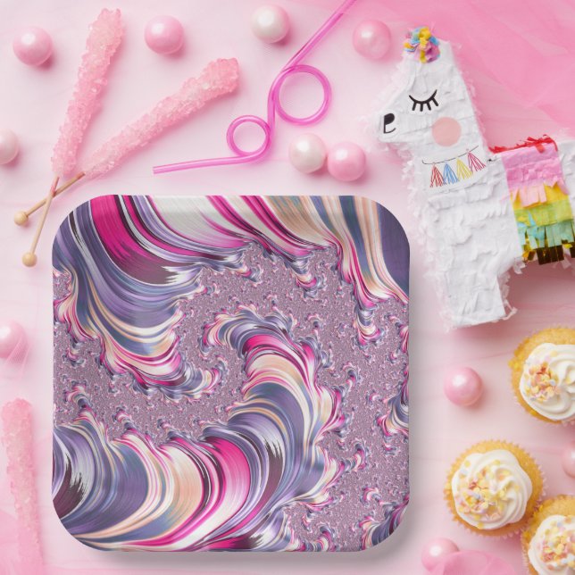 Plato De Papel Resumen Pink Purple Spiral Fractal (Fiesta)