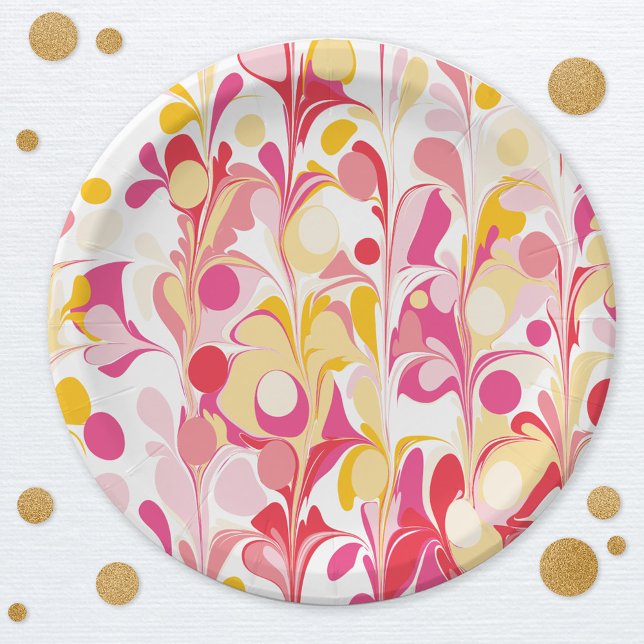 Plato De Papel Resumen retro moderno rosa (Modern retro groovy abstract pattern party paper plate)