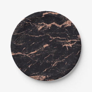 Plato De Papel Resumen Rosa negro Purpurina de oro Marble Glam Vi