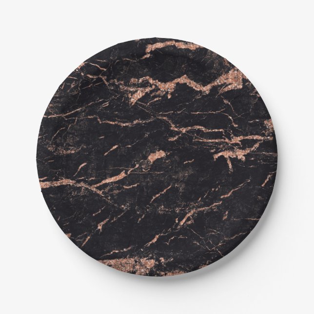 Plato De Papel Resumen Rosa negro Purpurina de oro Marble Glam Vi (Anverso)