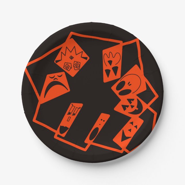 Plato De Papel Resumen, rostros de calabaza en negro, Halloween (Anverso)