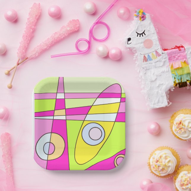 Plato De Papel Resumen Surfing Bright Pink Green Bubblegegum (Fiesta)