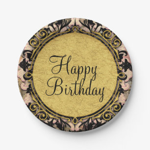 Plato De Papel Resumen Swirl Pink Black & Gold Glam Grunge Fiesta