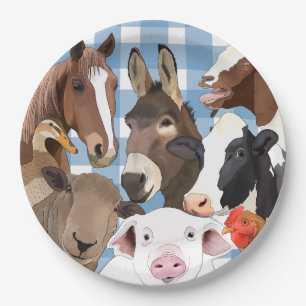 Plato De Papel Retrato de animales de granja fino Gingham Check -