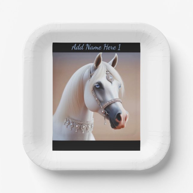 Plato De Papel Retrato de caballo árabe blanco (Anverso)