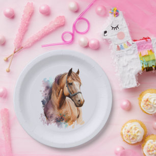Plato De Papel Retrato de cabeza de caballo marrón en acuarela