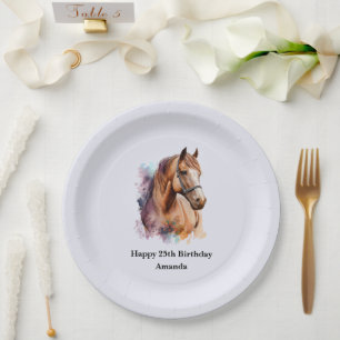 Plato De Papel Retrato de cabeza de caballo marrón en acuarela de
