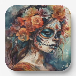Plato De Papel Retrato de Catrina en acuarela del Día de los Muer