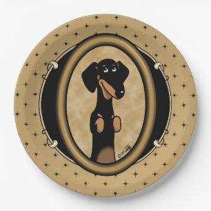 Plato De Papel Retrato de Dachshund con marco dorado lindo (negro