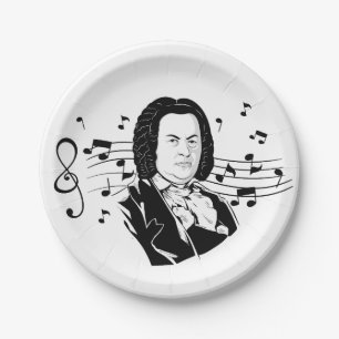 Plato De Papel Retrato de Johann Sebastian Bach y busto con notas