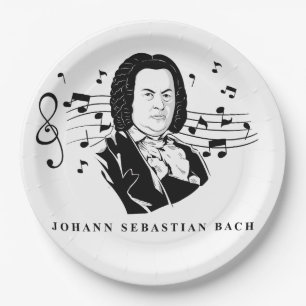 Plato De Papel Retrato de Johann Sebastian Bach y busto con notas