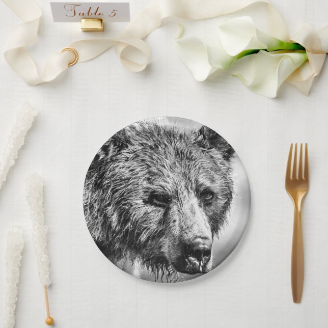 Plato De Papel Retrato de oso pardo (Boda)