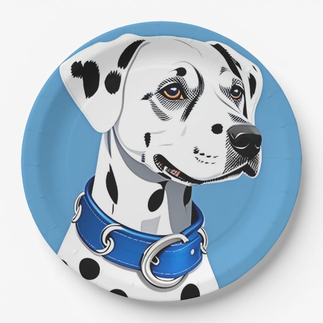 Plato De Papel Retrato de Perro Dálmata con Collar Azul (Anverso)