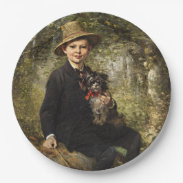 Plato De Papel Retrato de un niño con perro en un bosque (Knaus)