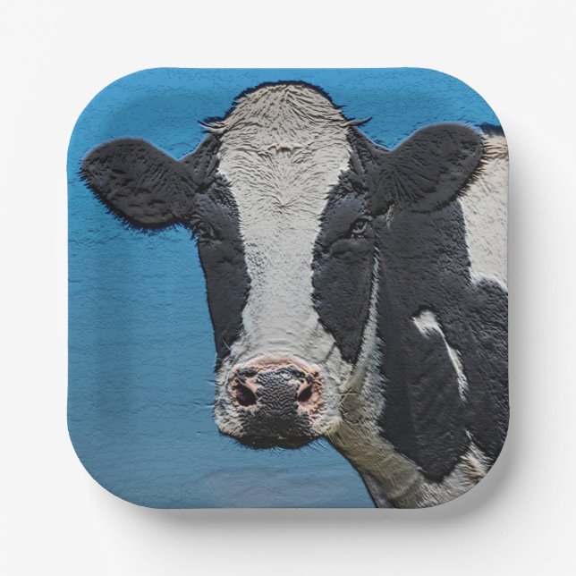 Plato De Papel Retrato de vaca feliz (Anverso)