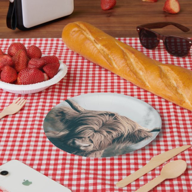 Plato De Papel Retrato de vaca Highland (Picnic)