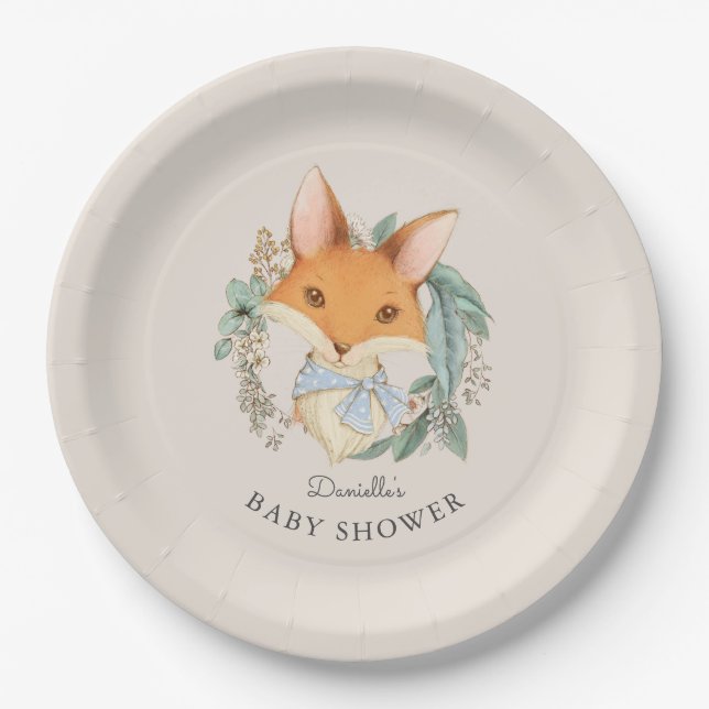 Plato De Papel Retrato de Woodland Fox Baby Shower para Boy (Anverso)