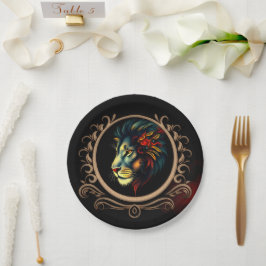 Plato De Papel Retrato estilizado de cabeza de león en marco de M