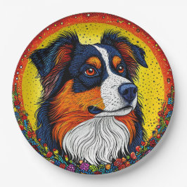 Plato De Papel Retrato Ilustrado Vibrante de un Perro