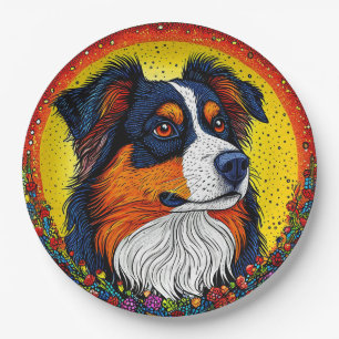 Plato De Papel Retrato Ilustrado Vibrante de un Perro