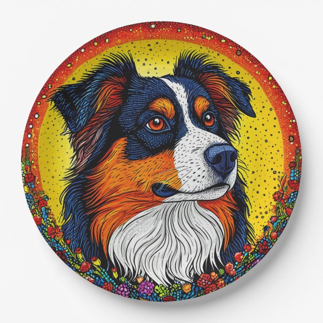 Plato De Papel Retrato Ilustrado Vibrante de un Perro (Anverso)