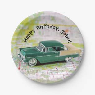 Plato De Papel retro 1955 coche en la hoja de ruta cumpleaños
