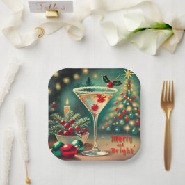 Plato De Papel Retro 50 Merry Bright Navidades Cocktail Martini