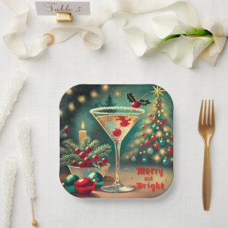 Plato De Papel Retro 50 Merry Bright Navidades Cocktail Martini