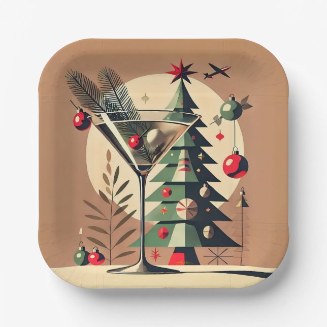 Plato De Papel Retro 50s Jet Set Christmas Tree Martini (Anverso)