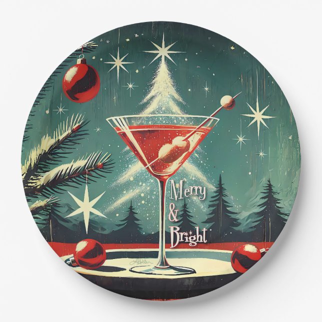 Plato De Papel Retro 50s Snow Flurry Christmas Tree Martini (Anverso)