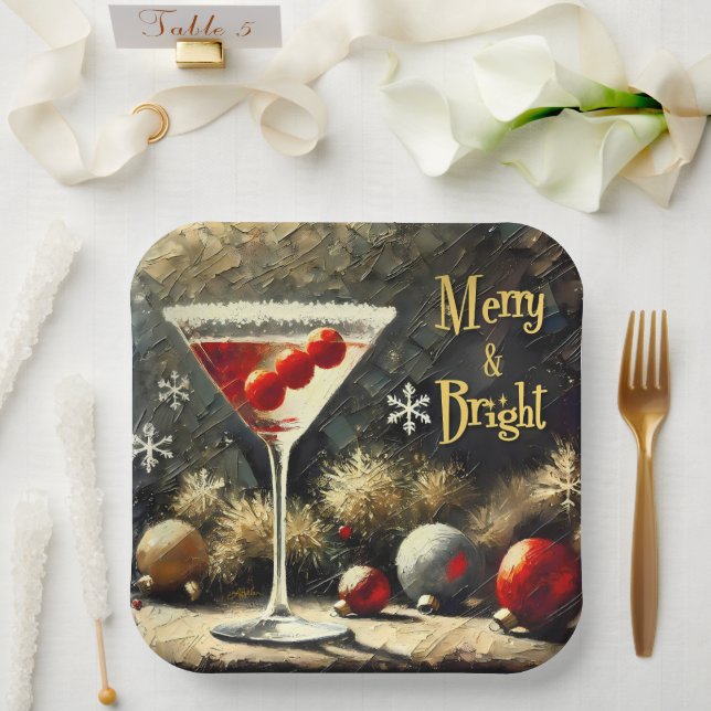 Plato De Papel Retro 50s Triple Cranberry Christmas Martini (Boda)