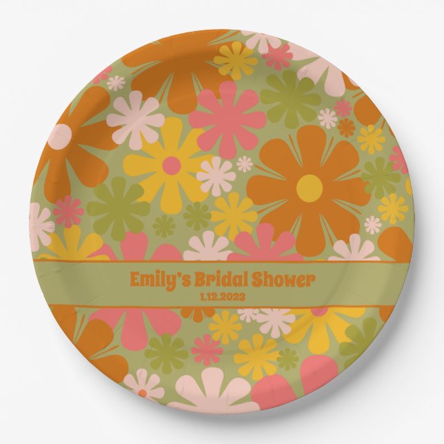 Plato De Papel Retro 60 años 70 Estética floral personalizada (Anverso)