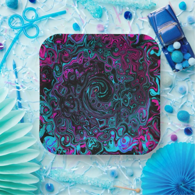 Plato De Papel Retro Aqua Magenta y Black Abstract Swirl (Fiesta)