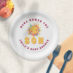 Plato De Papel Retro Aquí Viene El Baby Shower Del Niño